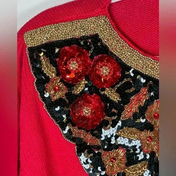 Vintage Victoria Harbour Holiday Sweater Red Gold Black Sequin Bead Size Medium - Picture 9 of 10